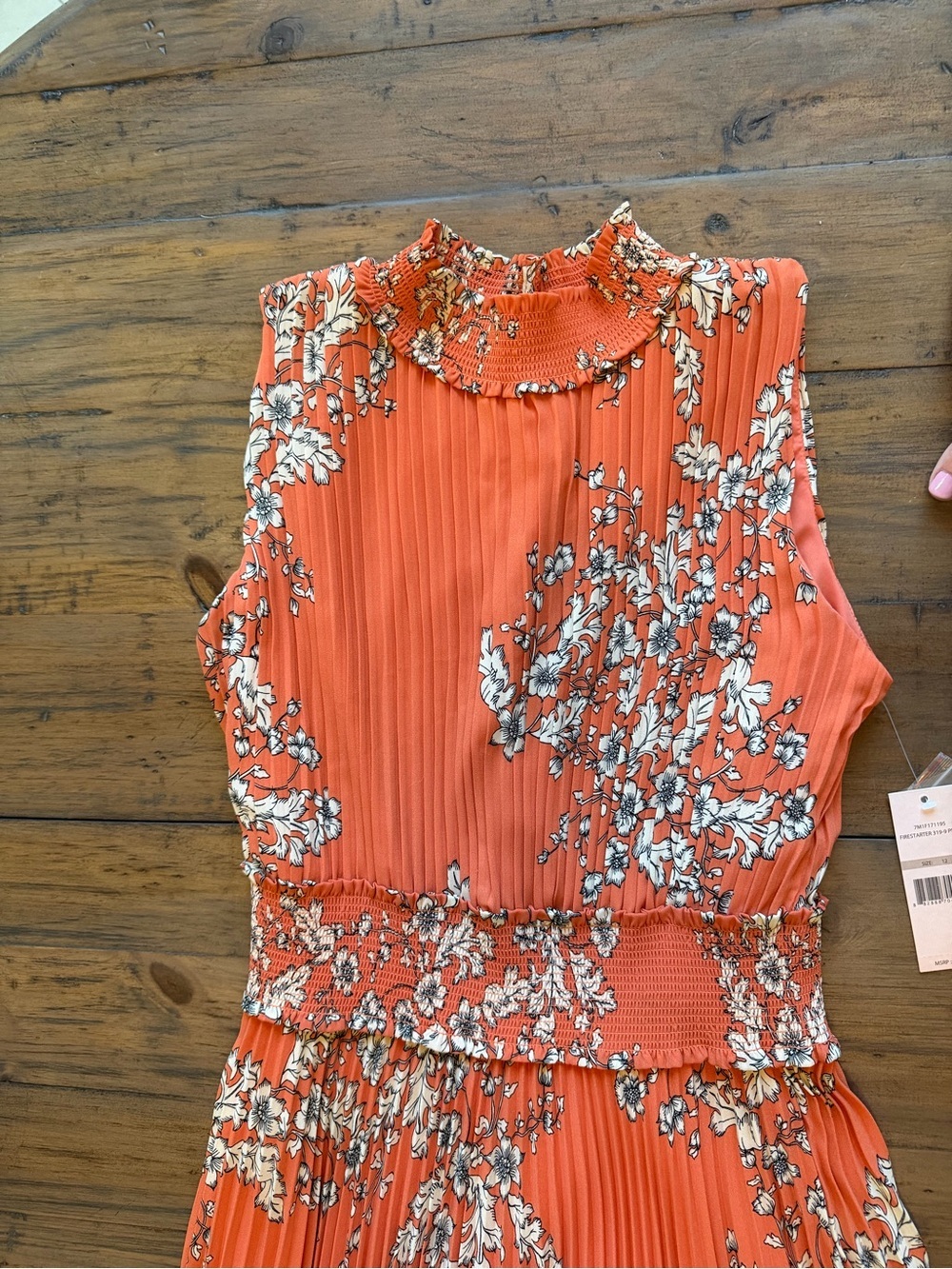 Nanette Leopore Floral Pleated Coral Women’s Dress with Smocked Waist - Picture 2 of 9